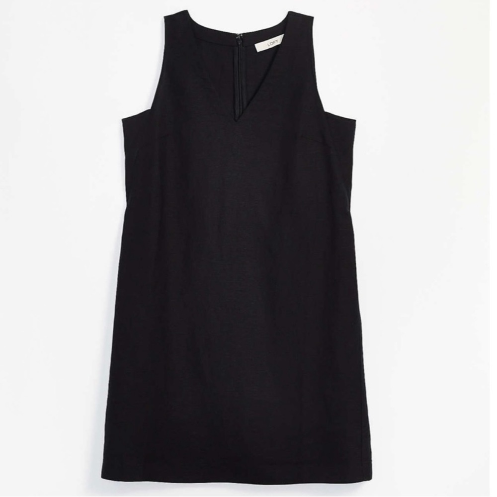 NWT Ann Taylor LOFT Dress Linen Shift Black V Neck Sleeveless Minimalist Classic